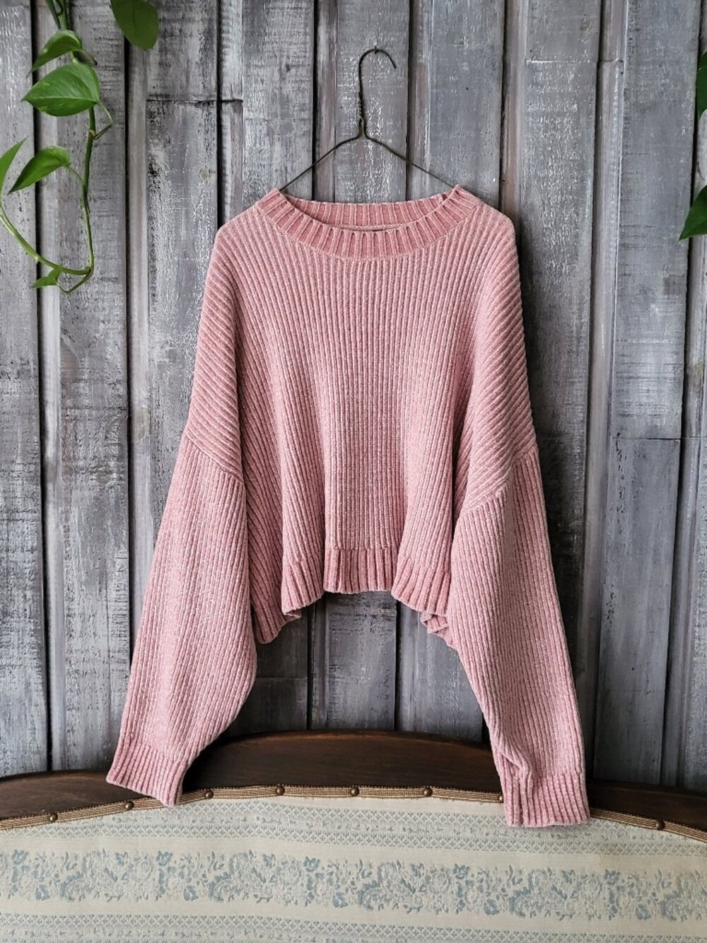 Pink Chenille Knit Cropped Sweater Ribbed Boxy Pullover Oversized Size Medium